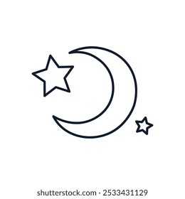 Vector illustration of crescent and stars in linear style. Science, discovery, and space symbol. Astronomy and cosmos element