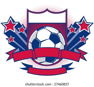 Vector Illustration Of A Crest With Soccer Ball, Blank Banners And 3D Shooting Stars