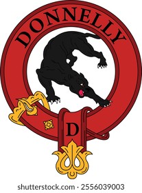 Vector illustration of a crest-shaped badge with a belt and golden buckle, featuring an aggressive black panther in the center. The name 'DONNELLY' is written on the top edge, symbolizing strength and