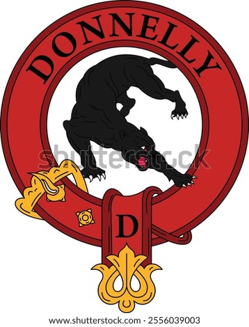 Vector illustration of a crest-shaped badge with a belt and golden buckle, featuring an aggressive black panther in the center. The name 'DONNELLY' is written on the top edge, symbolizing strength and