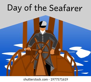 Vector illustration of a crew member holding a chain at sea, as a banner, poster or template, Day of the Seafarer.