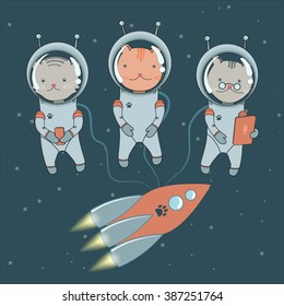 Vector illustration with a crew of three cats in outer space with a spaceship and stars.