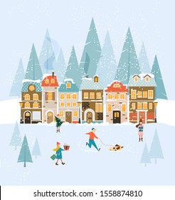 Vector illustration, crhistmas card design with people having fun,  walking and carrying present boxes in the street  on city houses background. Winter holidays poster. 
