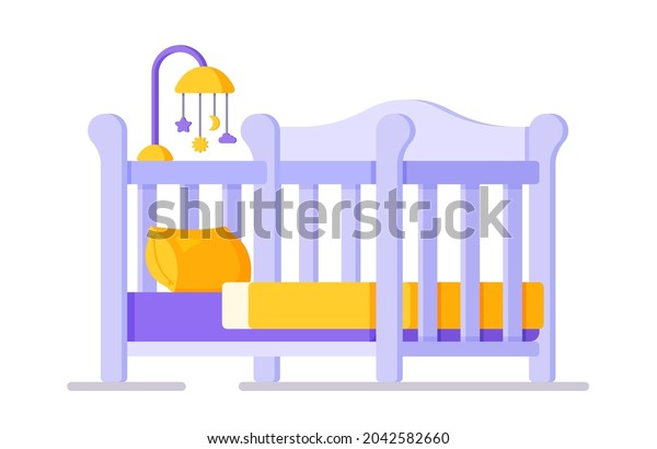 Vector illustration of a crib with blue\
flowers. A selection of a bed for the\
baby-to-be.