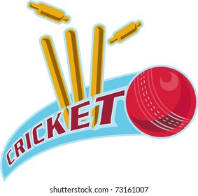 vector illustration of a cricket ball hitting bowling over wicket with words "cricket"