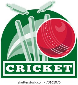 Vector Illustration Of A Cricket Ball Hitting Bowling Over Wicket With Words 