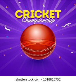 Vector illustration of cricket ball with stadum view on blue rays background for Cricket Championship template or poster design.