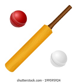 Vector illustration with cricket bat and red, white ball