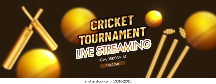 Vector illustration of cricket bats with balls and wicket stumps on brown background for Live Streaming Cricket Tournament header or banner design.