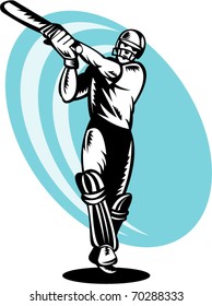 vector illustration of a cricket batsman batting front view woodcut style