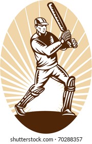 vector illustration of a cricket batsman batting front view woodcut style