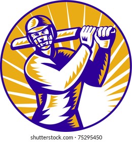 vector illustration of a cricket batsman batting front view  done in retro woodcut style set inside circle