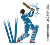 Vector illustration of a cricket batsman hitting the ball with power. Dynamic action silhouette in blue and red. Perfect for sport graphics.