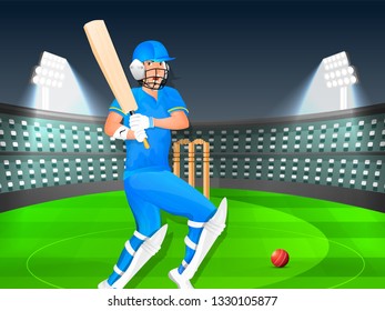 Vector illustration of cricket batsman on night stadium view background for Cricket tournament concept.