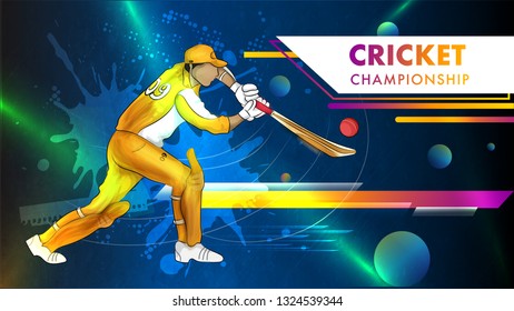 Vector illustration of cricket batsman in playing action on shiny abstract background for Cricket Championship poster or banner design.