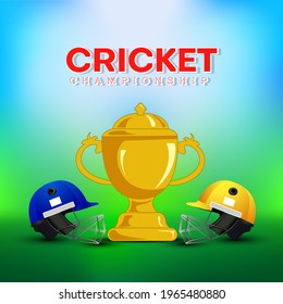 Vector illustration of Cricket League Text With Trophy Cup And Participate Two Helmets.
