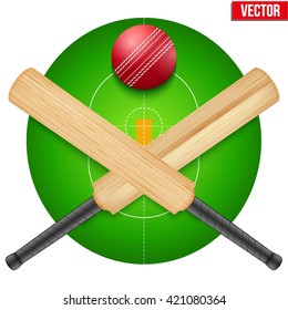 Vector illustration of cricket leather ball and wooden bats on field. Symbol of sports. Isolated on white background.