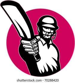 Vector Illustration Of A Cricket Player Batsman Pointing His Bat At You Set In Circle Isolated On White