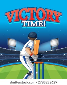 Vector illustration of a cricket player batting at night under bright stadium lights with text