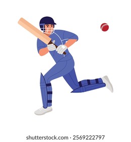 Vector illustration of a cricket player. Cartoon scene of a guy holding a bat, hitting a ball, wearing a protective helmet, t-shirt, pants, sneakers, knee pads isolated on white background. Team game.