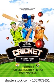  vector Illustration of cricket player ,Creative poster or banner design with background for Cricket Championship poster 