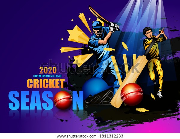 vector Illustration of cricket player ,Creative\
poster or banner design with background for Cricket Championship\
poster with illustration of batsman and bowler playing cricket\
championship sports
