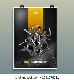 Vector Illustration Of Cricket Player In Different Playing Pose On Black Grunge Background For Cricket Championship Template Or Flyer Design.