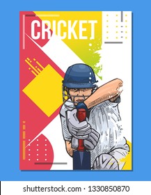 Vector illustration of a cricket player holding bat. Beautiful sport themed poster, placard. Team game, summer sports, abstract background