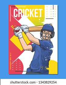 Vector illustration of a cricket player holding bat. Beautiful sport themed poster, placard. Team game, summer sports, abstract background