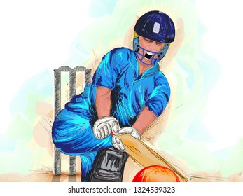 Vector illustration of cricket player in playing action on abstract background, cricket tournament poster or banner design.