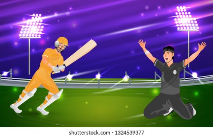 Vector illustration of cricket player in playing action on night stadium background. Can be used as banner or poster design.