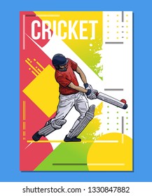 Vector illustration of a cricket player standing with bat. Beautiful sport themed poster, placard. Team game, summer sports, abstract background