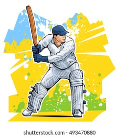 Vector illustration of a cricket player standing with bat. Beautiful sport themed poster. Team game, summer sports, abstract background