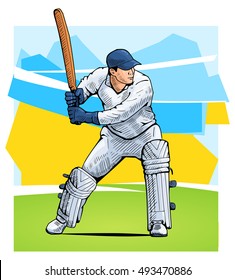 Vector illustration of a cricket player standing with bat. Beautiful sport themed poster. Team game, summer sports, abstract background