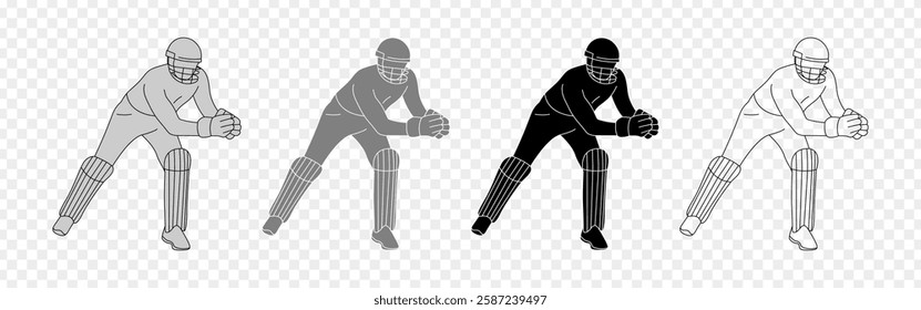 Vector illustration of cricket player wicket keeping action poses set on transparent background