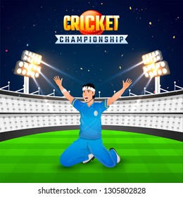 Vector illustration of cricket player in winning pose on night view stadium background for Cricket Championship template design.