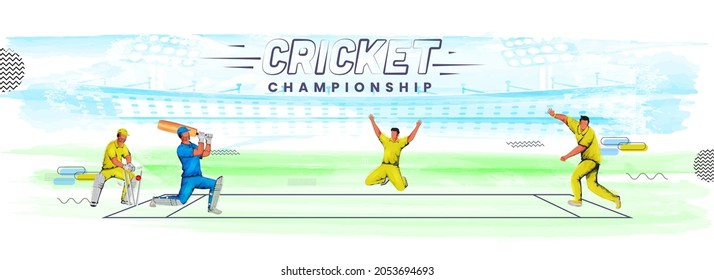 Vector Illustration Of Cricket Players In Action Pose On Watercolor Effect Stadium Background For Championship Concept.