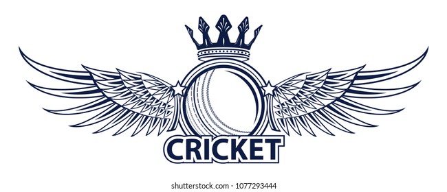 Vector illustration of cricket sport logo with typography sign, ball, wings, crown  isolated on white background.