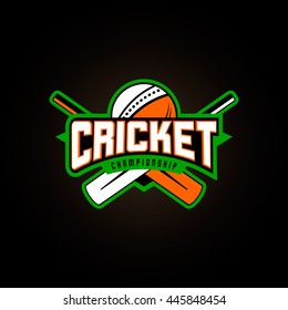 Vector illustration of cricket sport logo with typography sign, ball, bat for team, competition, championship isolated on black background.