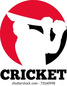 vector illustration of a cricket sports batsman batting viewed from front with cricket ball in the middle and words "cricket"