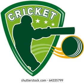 vector illustration of a cricket sports player batsman silhouette batting set inside shield with ball flying isolated on white