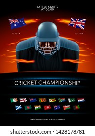 Vector illustration for cricket tournament. Cricket player and flags of countries in game announcement banner 