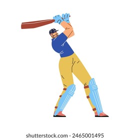 A vector illustration of cricket in which a player in uniform strikes with a bat. Includes helmet, gloves and knee pads for protection during the match.