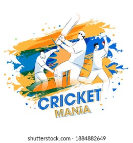 Vector Illustration Of Cricketer Players In Action Pose With Brush Stroke Effect On White Background For Cricket League.