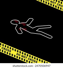 vector illustration of a crime scene, white chalk lines of evidence mark the incident.