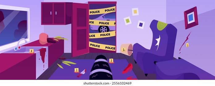 Vector illustration of a crime scene with yellow tape, with evidence, drops of blood, a knife and destroyed furniture. Traces of robbery and murder.