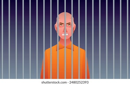 Vector illustration of a criminal behind bars. Concept of sentencing, judicial decision. EPS10