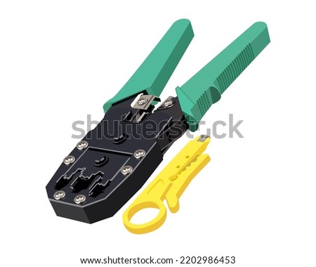 Vector Illustration Crimping Tool Triple (RJ-45 + RJ-11 + Cutter) isolated on white background.
Carpentry hand tools.