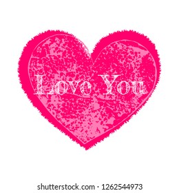 Vector illustration of crimson streaked heart with text Love You. Isolated on the white background.