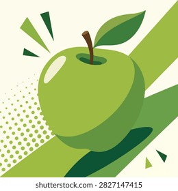 Vector illustration of a crisp green apple with a single leaf on a plain white background